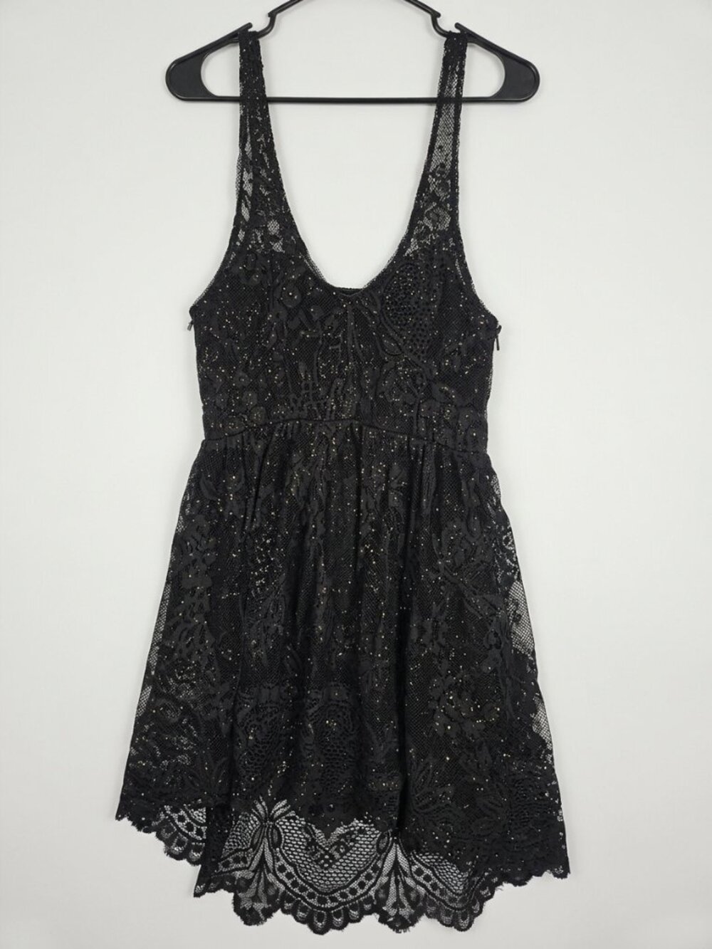 Free People Black Gold Lace High Low Dress 12 Boho Whimsigoth Fairy Sparkle